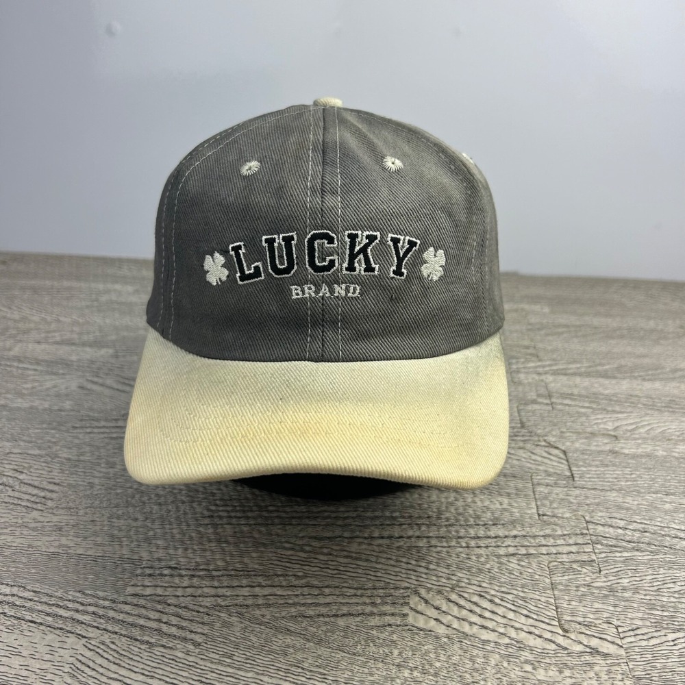 Vintage 90s Lucky Brand Hat Cap Snap Back Adjustable Gray White Logo Embroidered